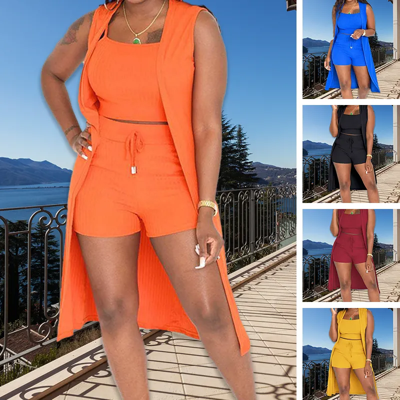 3PCS Ribbed Crop Tank Top & Shorts Set With Vest Cardigan