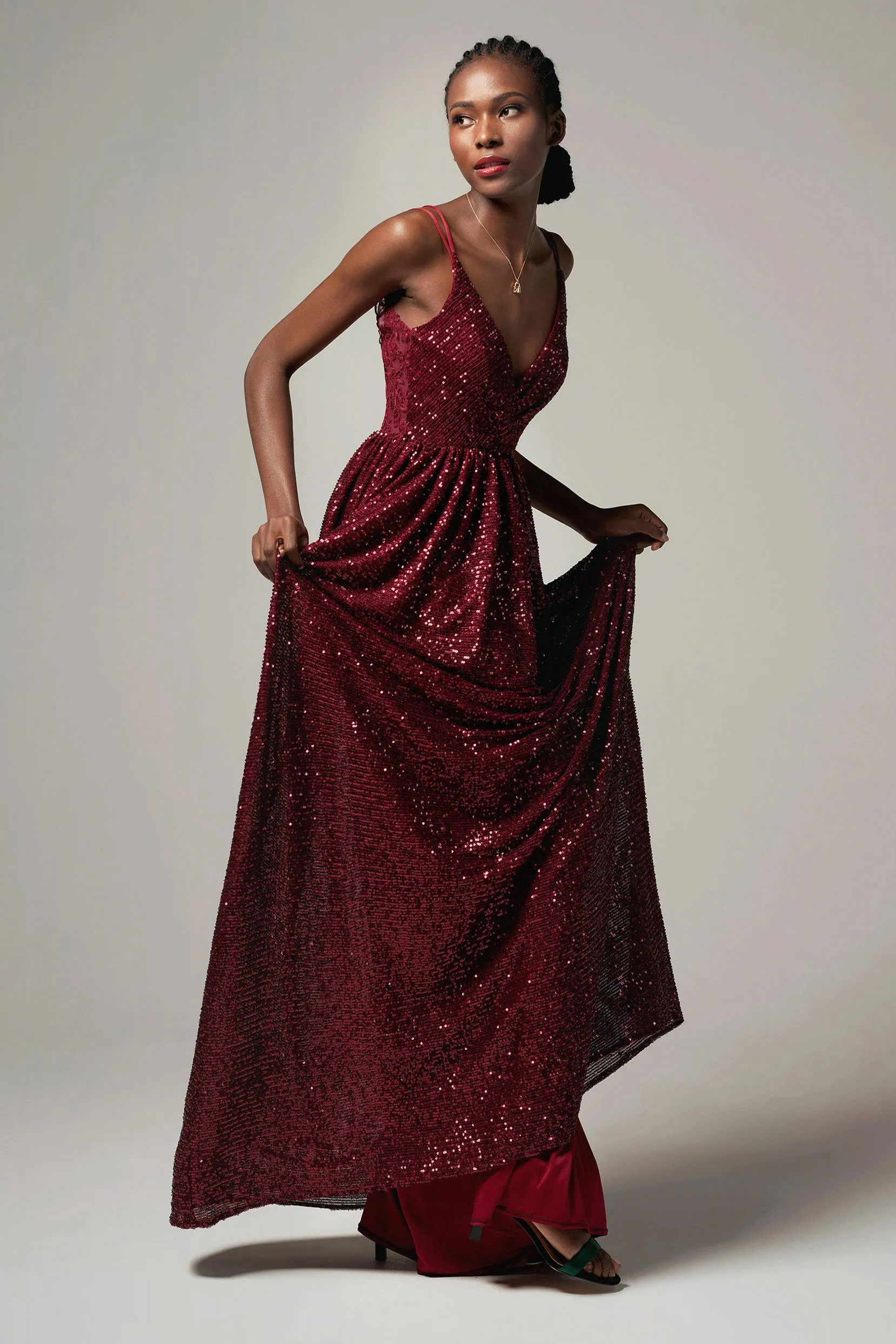 A-Line Floor Length Sequined Dress CB0408