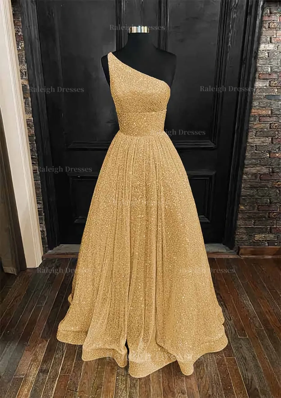 A-line One-Shoulder Sleeveless Long/Floor-Length Sequined Prom Dress With Pockets