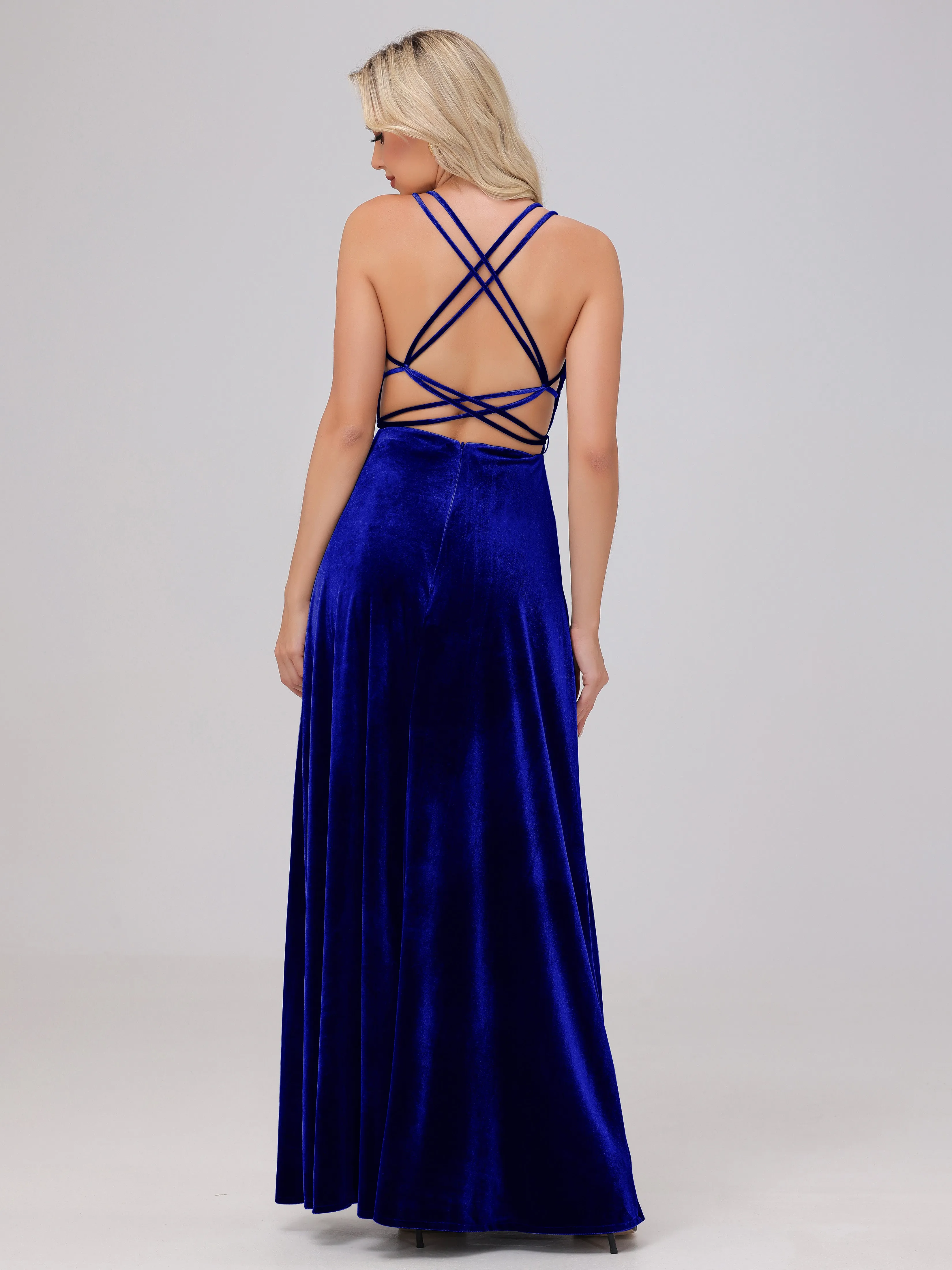 A-Line Sweetheart Criss-Cross Straps Long Velvet Bridesmaid Dresses