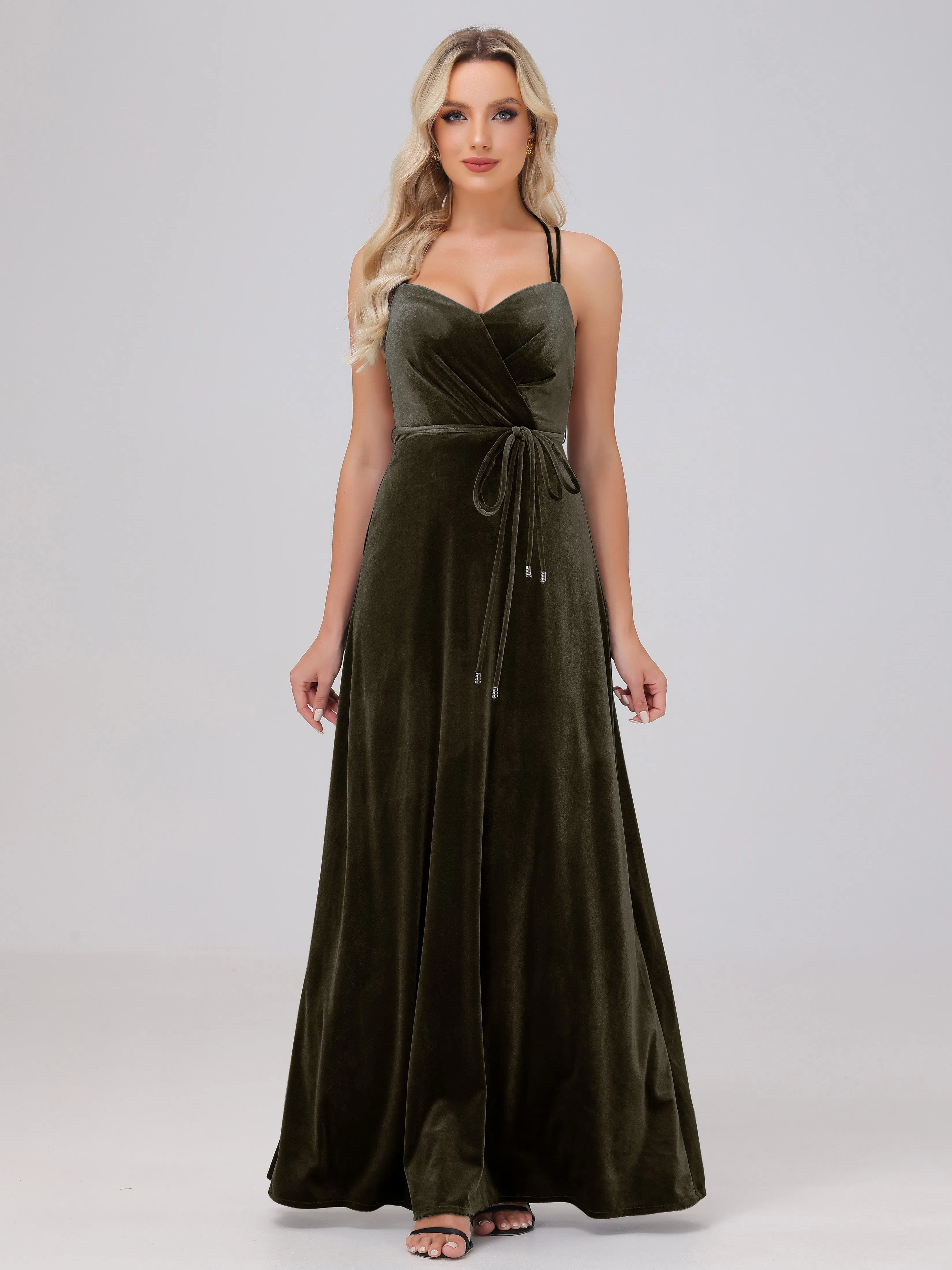 A-Line Sweetheart Criss-Cross Straps Long Velvet Bridesmaid Dresses