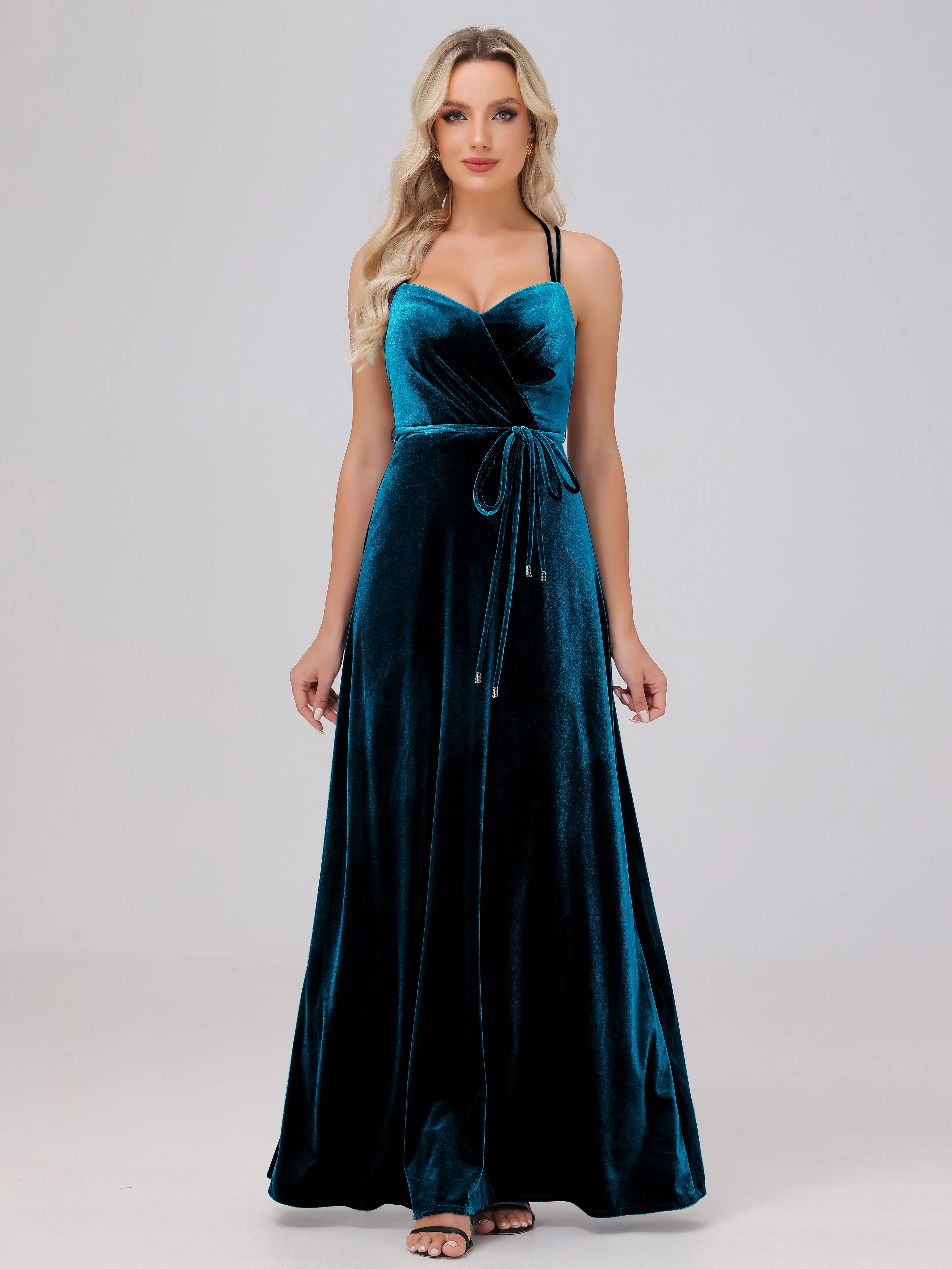 A-Line Sweetheart Criss-Cross Straps Long Velvet Bridesmaid Dresses