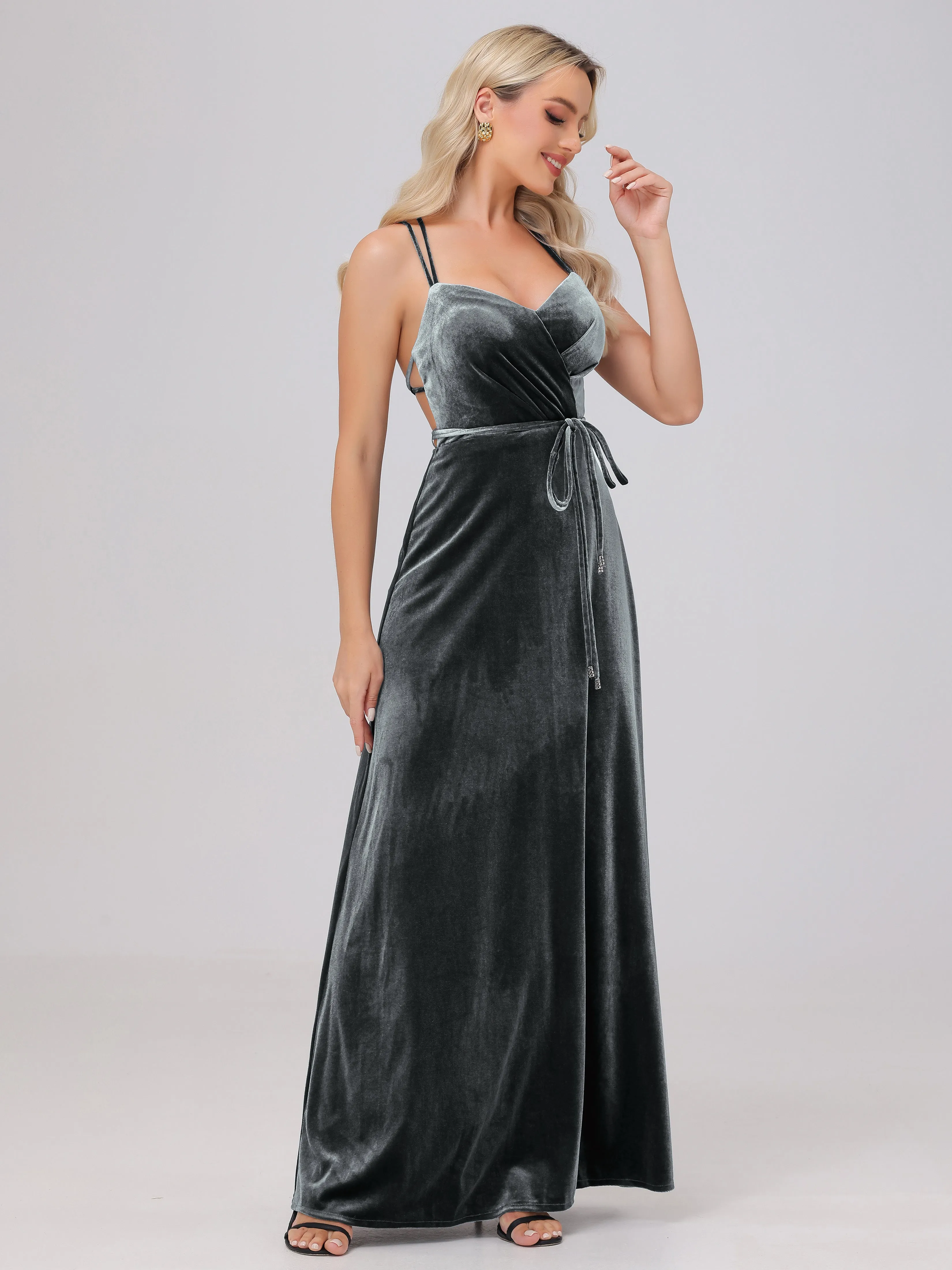 A-Line Sweetheart Criss-Cross Straps Long Velvet Bridesmaid Dresses