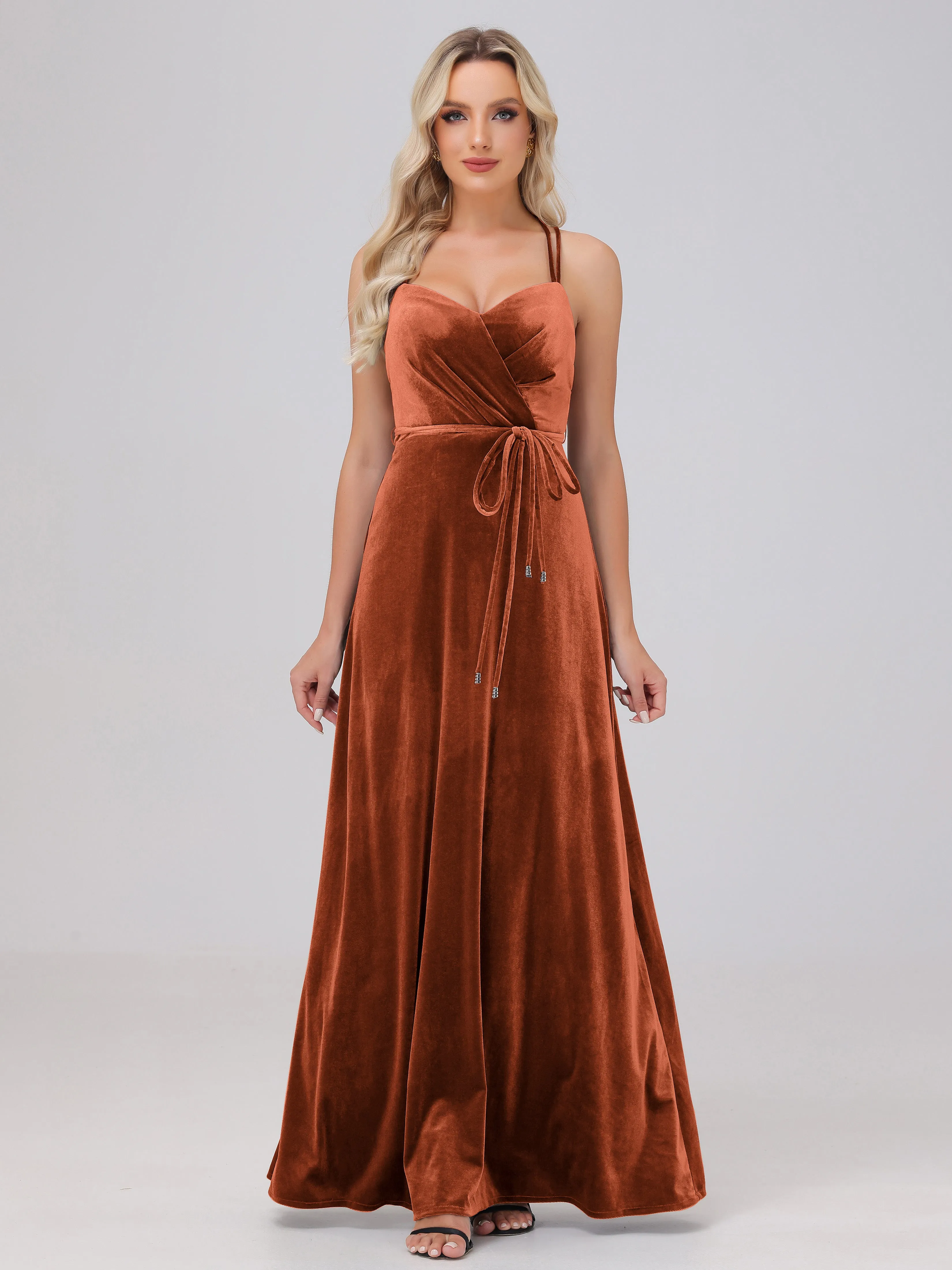 A-Line Sweetheart Criss-Cross Straps Long Velvet Bridesmaid Dresses