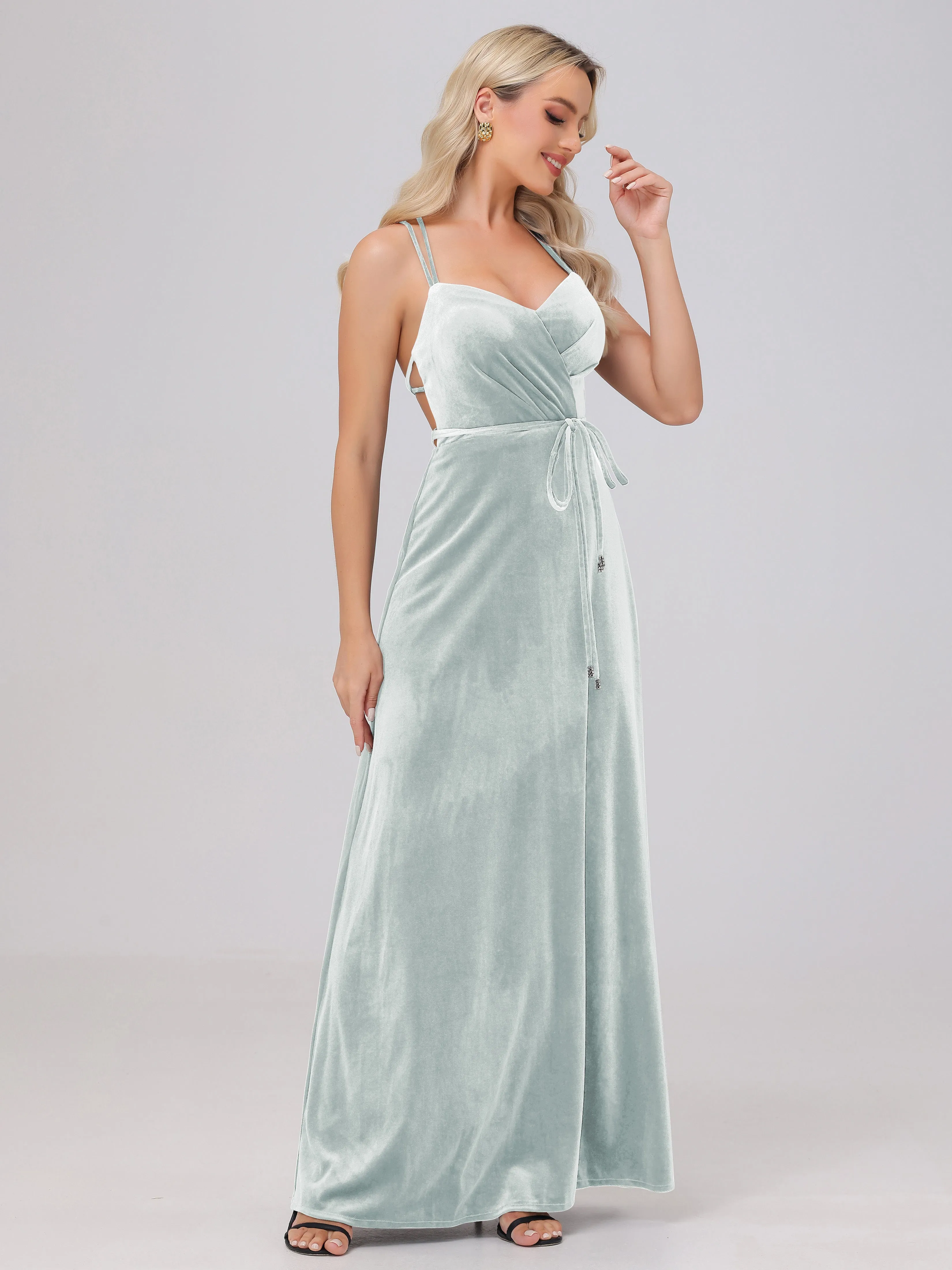 A-Line Sweetheart Criss-Cross Straps Long Velvet Bridesmaid Dresses