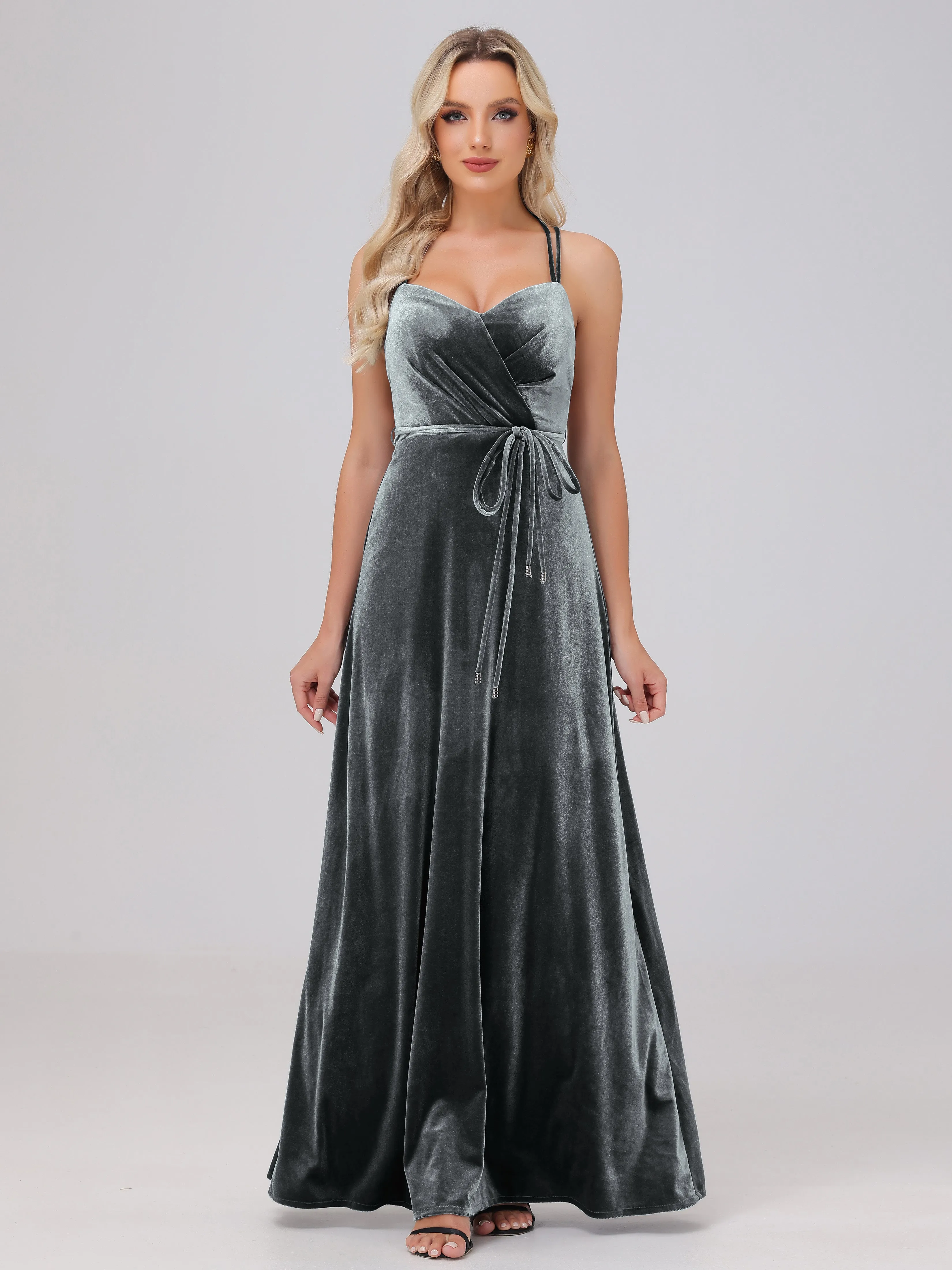 A-Line Sweetheart Criss-Cross Straps Long Velvet Bridesmaid Dresses