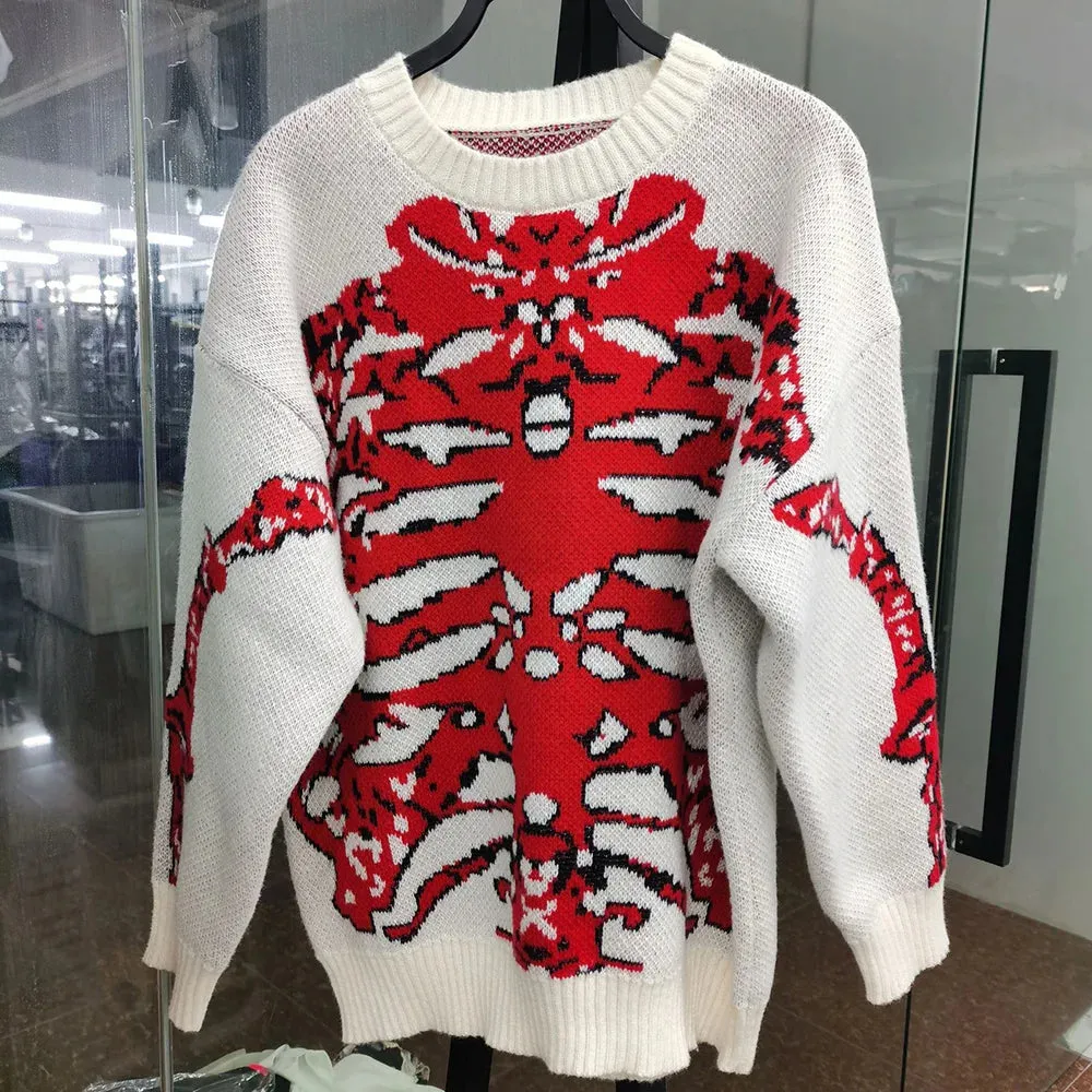 Aidase Mens Knitted Sweater Cartoon Bone Print Sweater Niche Street Trend Personality Casual Soft Tops Men'S Clothing 2024 Summer New