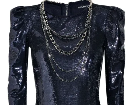 Balmain - Dark Blue Long Sleeve Sequin Dress - FR 38