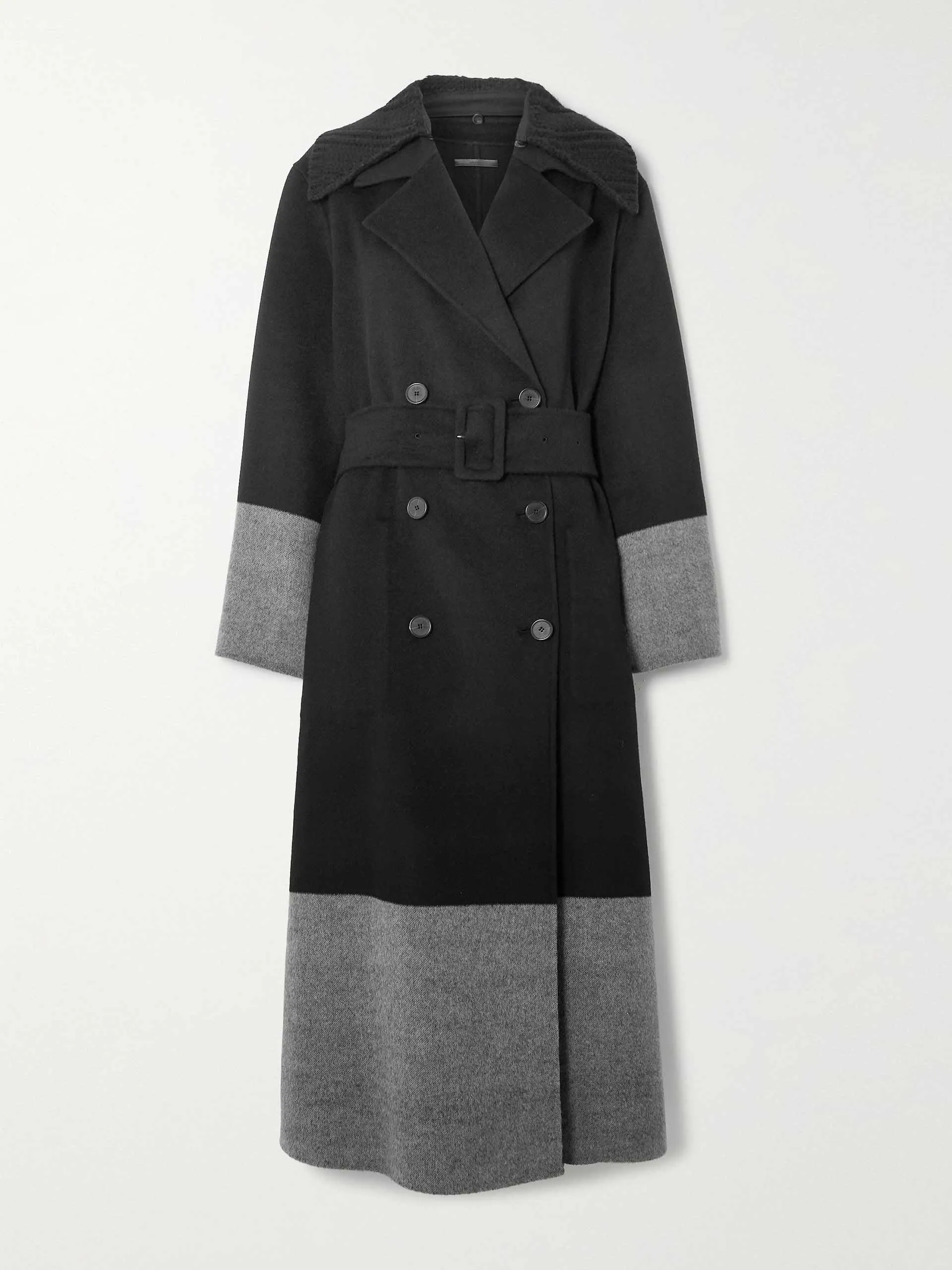 Belted double breasted two tone wool coat