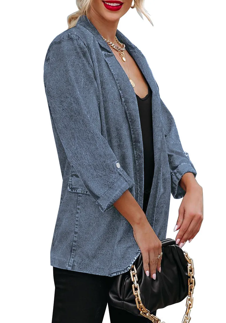 Blue Lapel Collar Flap Pockets Open-Front Denim Blazer