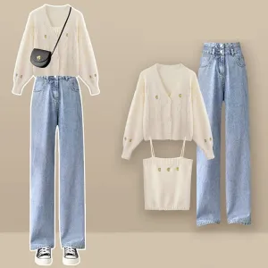 Chic Cable Knit Top Cardigan Sweater Denim Pants Three Piece Set