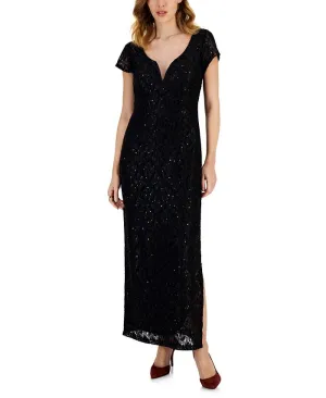 Connected Mini Lace V-Neck Tie Maxi Dress, Black