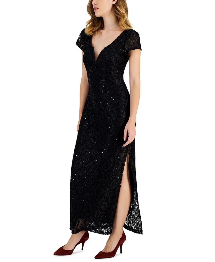 Connected Mini Lace V-Neck Tie Maxi Dress, Black