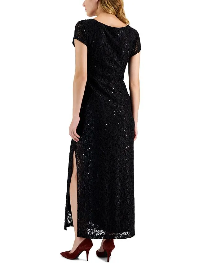 Connected Mini Lace V-Neck Tie Maxi Dress, Black