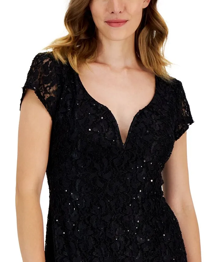 Connected Mini Lace V-Neck Tie Maxi Dress, Black