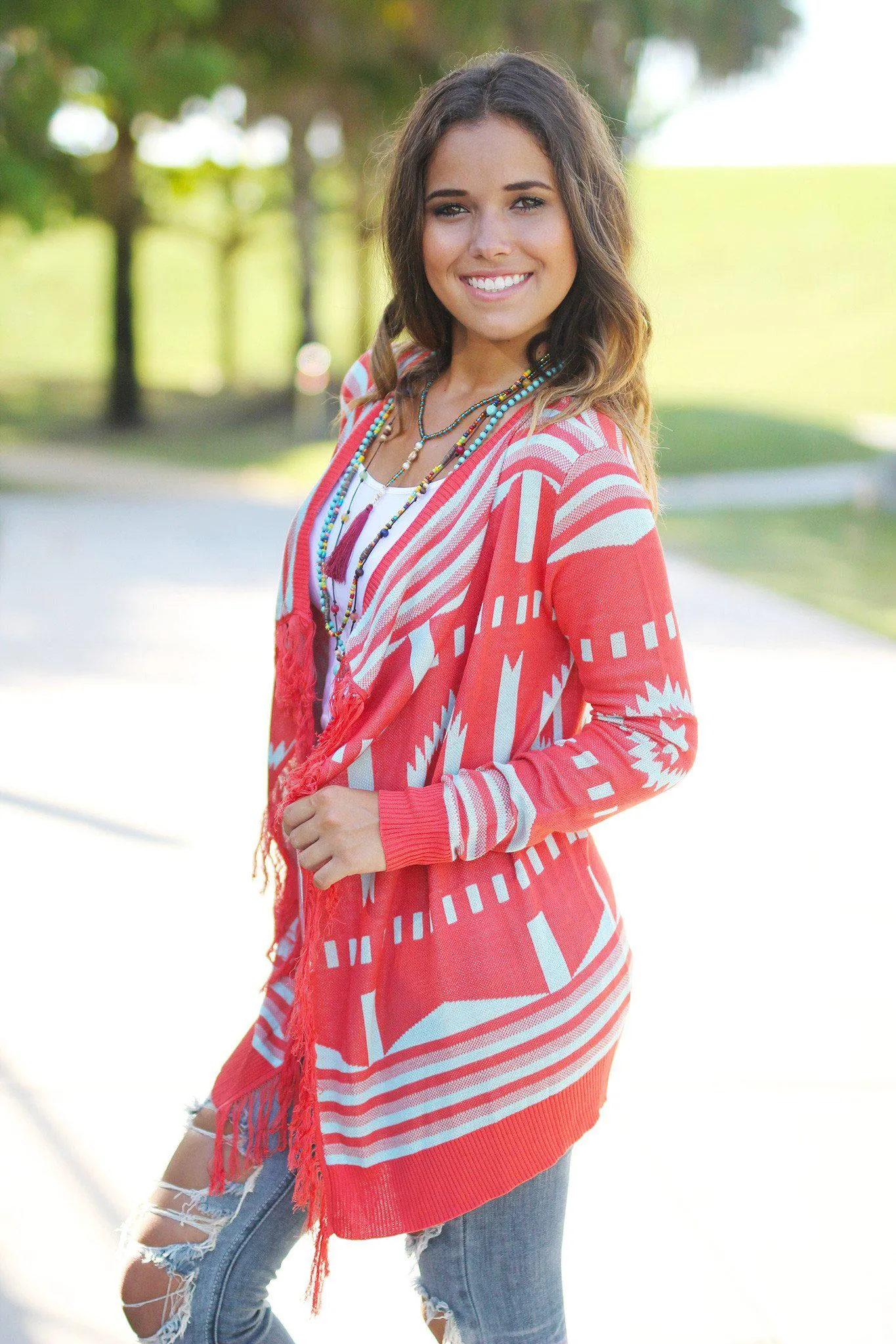 Coral and Mint Fringe Cardigan