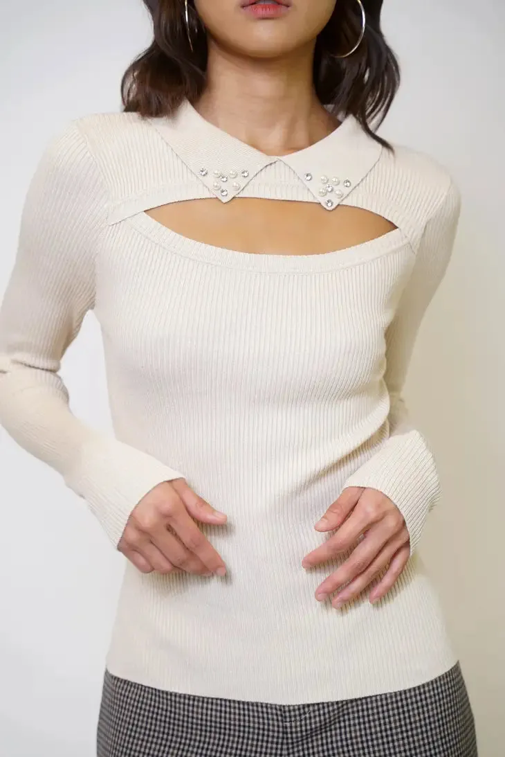 Cutout Embellished Collar Neck Long Sleeve