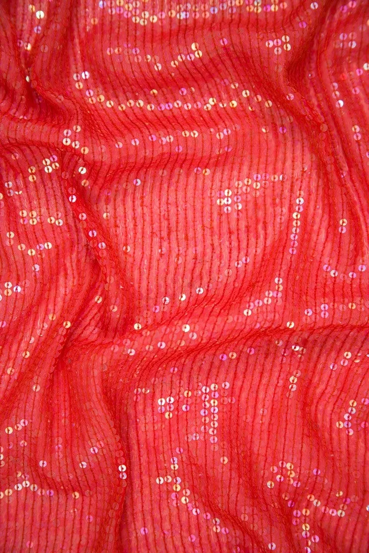 Dark Red Sequins & Beads on Silk Chiffon JEC-132-23 Fabric