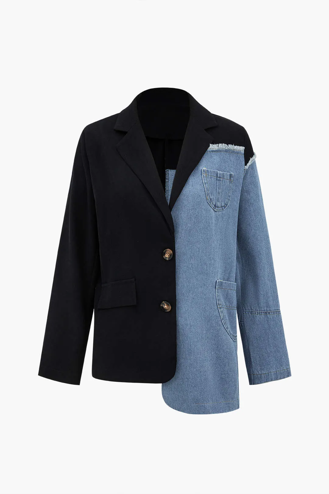 Denim Patchwork Notched Lapel Blazer