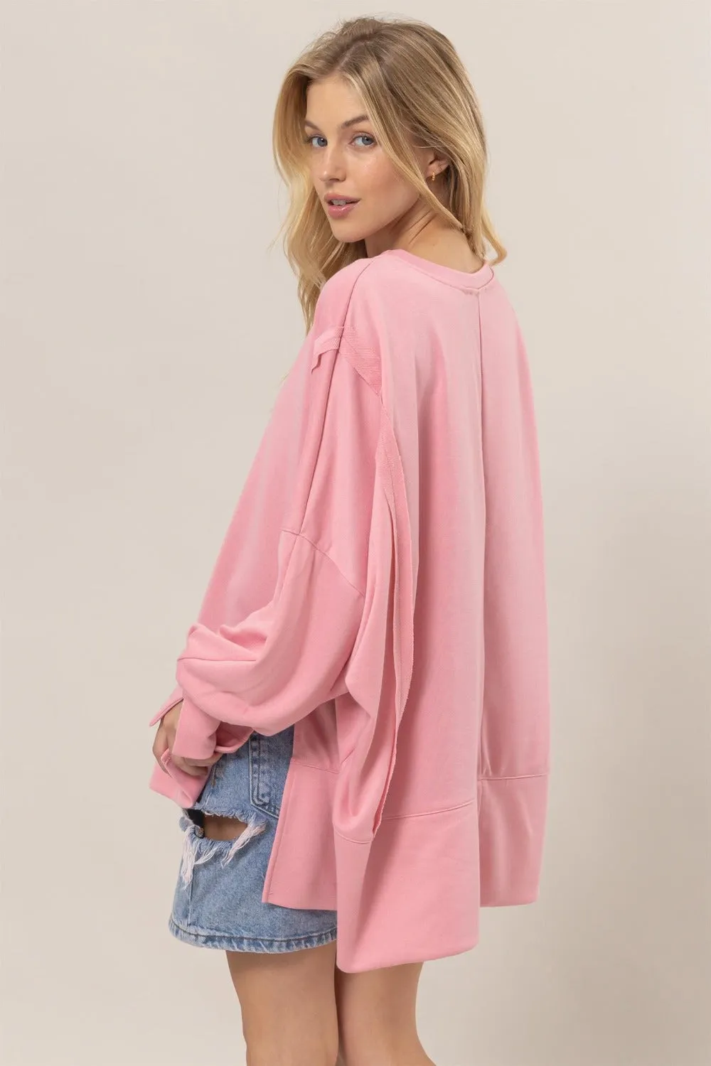 French Terry Long Sleeve High-Low Slit Sweatshirt