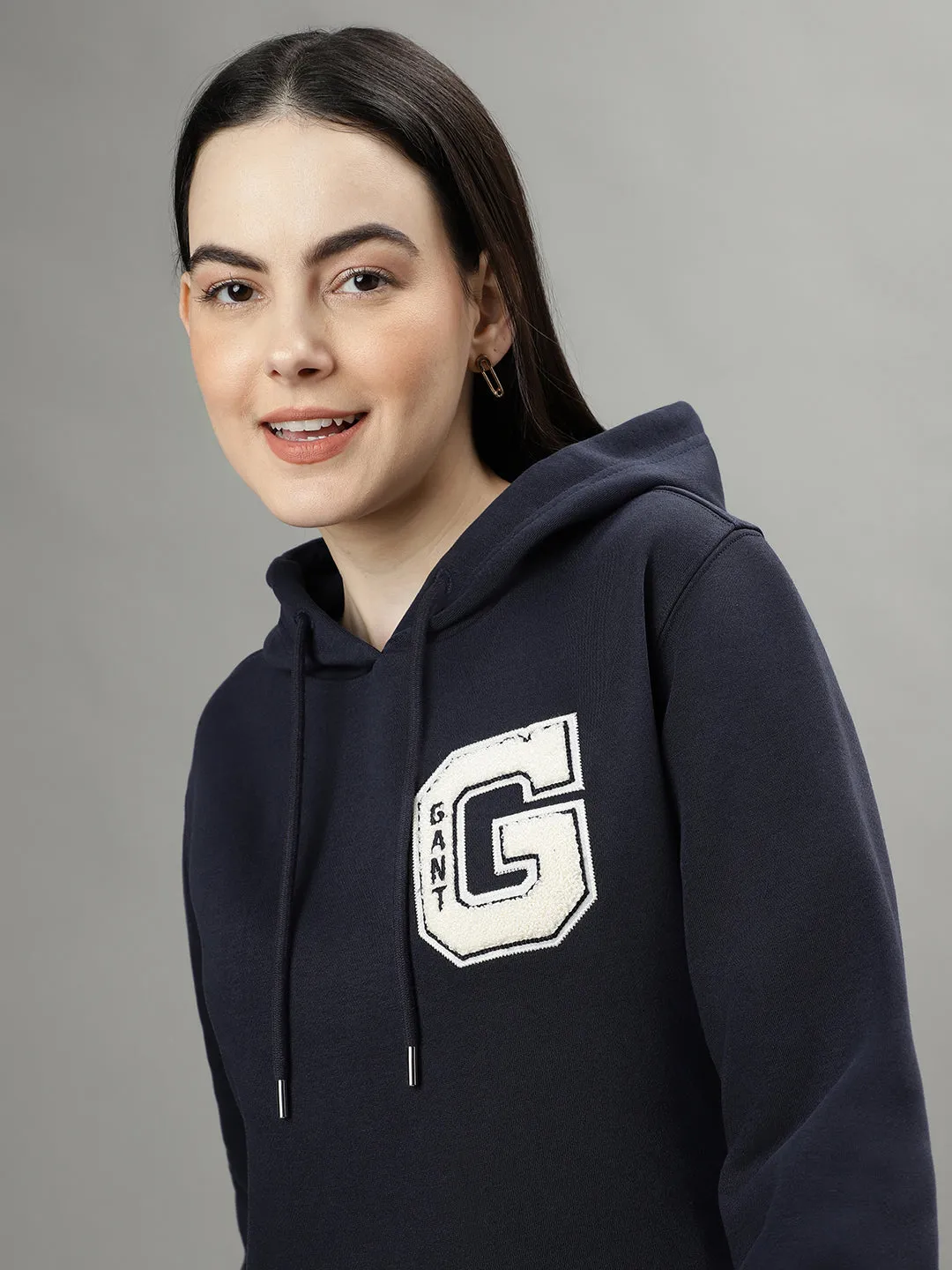 Gant Women Navy Blue Solid Hooded Long Sleeves Sweatshirts