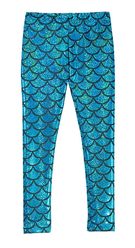 Girls Novelty Stretch Leggings  | Turquoise Mermaid Sparkle