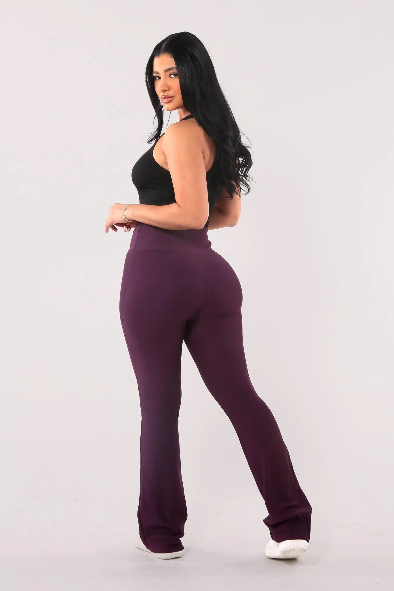 High Waist Rib Knit Tummy Control Flare Pants - Purple