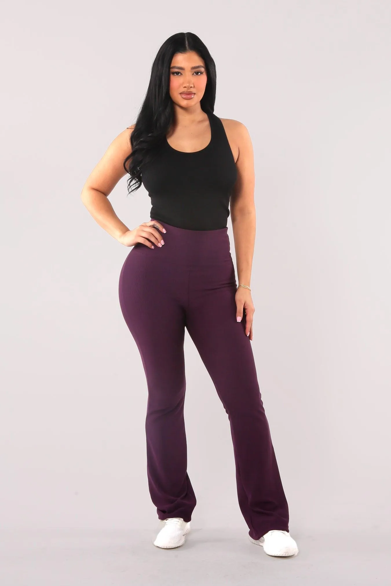 High Waist Rib Knit Tummy Control Flare Pants - Purple