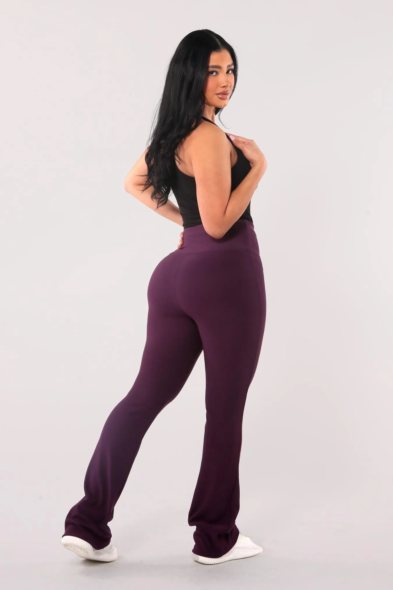 High Waist Rib Knit Tummy Control Flare Pants - Purple