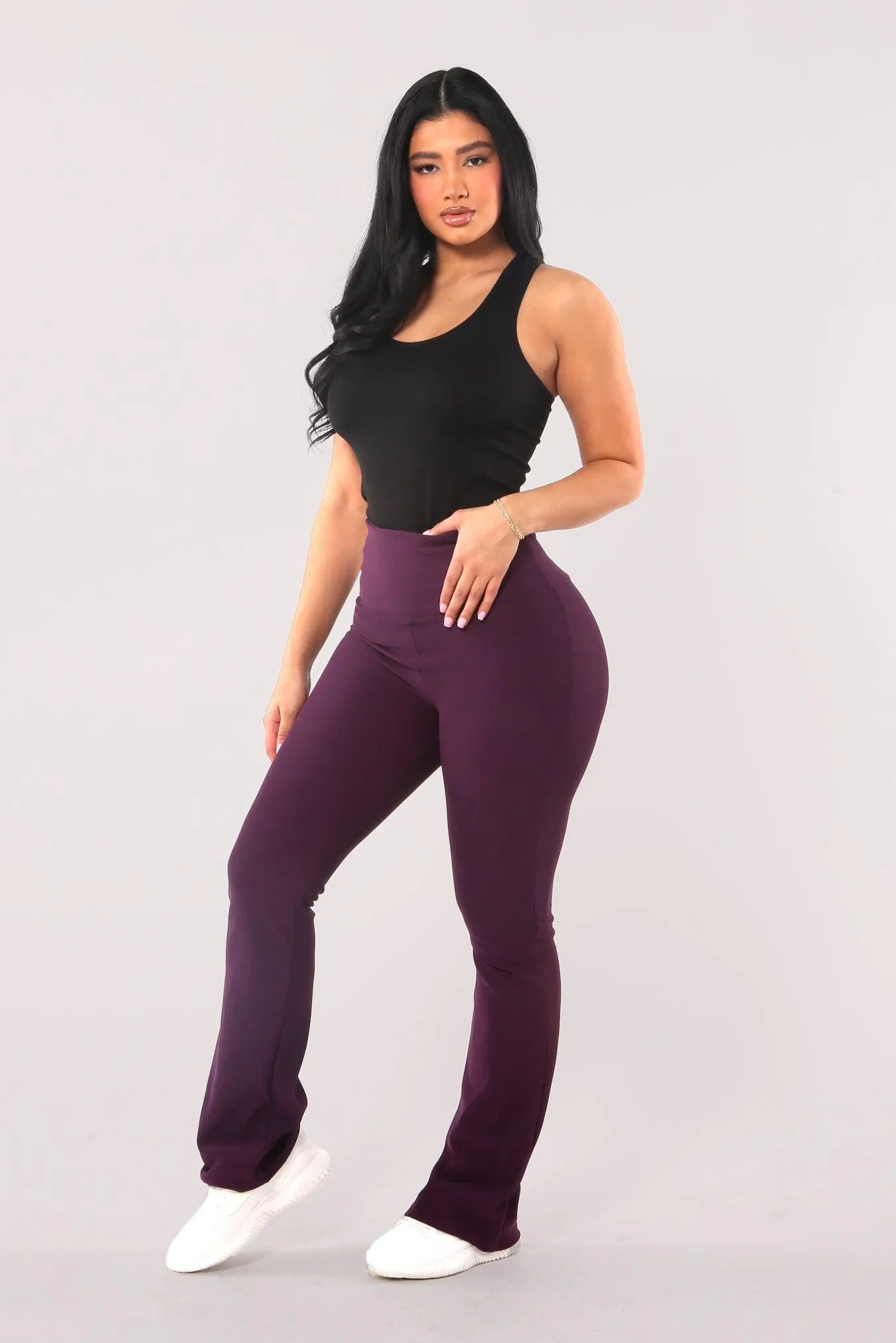 High Waist Rib Knit Tummy Control Flare Pants - Purple