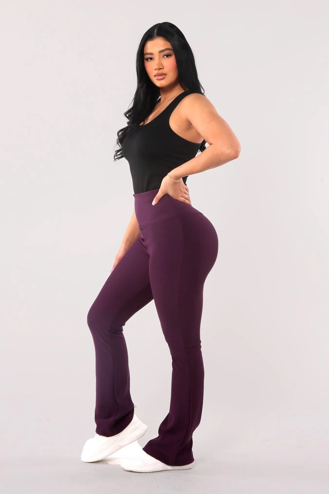 High Waist Rib Knit Tummy Control Flare Pants - Purple