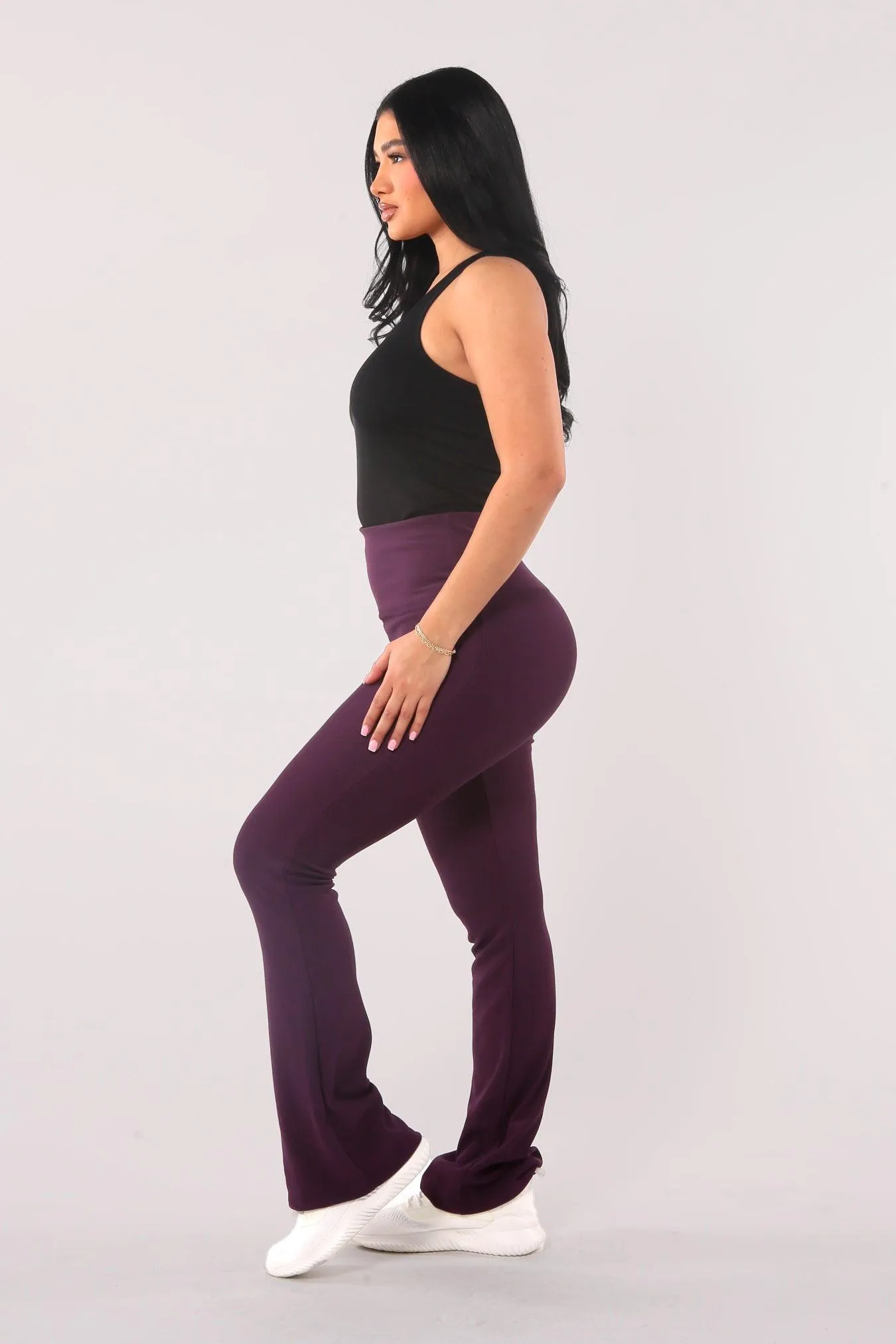 High Waist Rib Knit Tummy Control Flare Pants - Purple