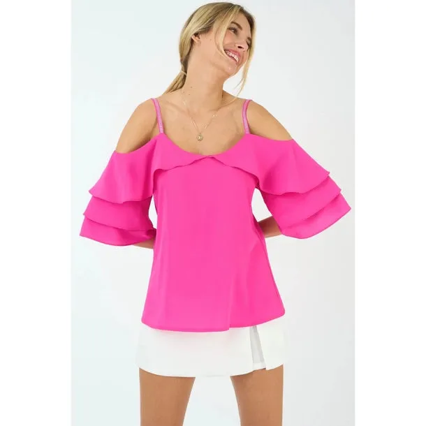 Hot Pink Frill Cold Shoulder Top