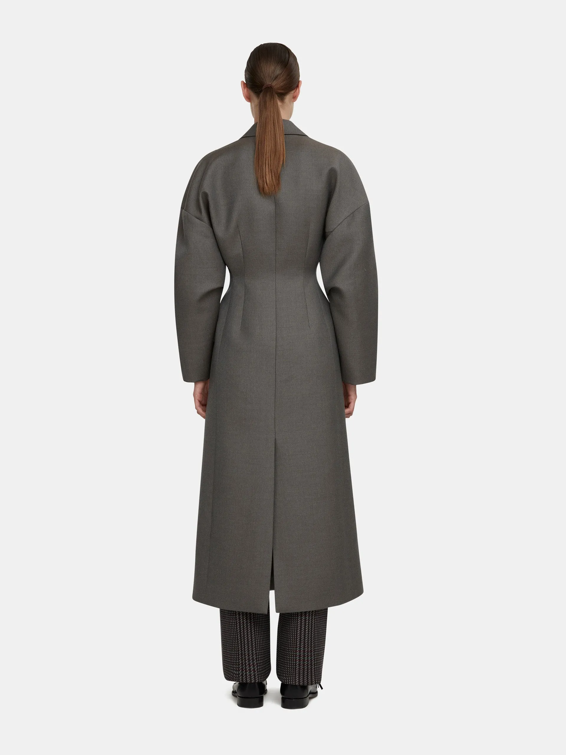 Jaya tailored coat in ash grey seersucker merino