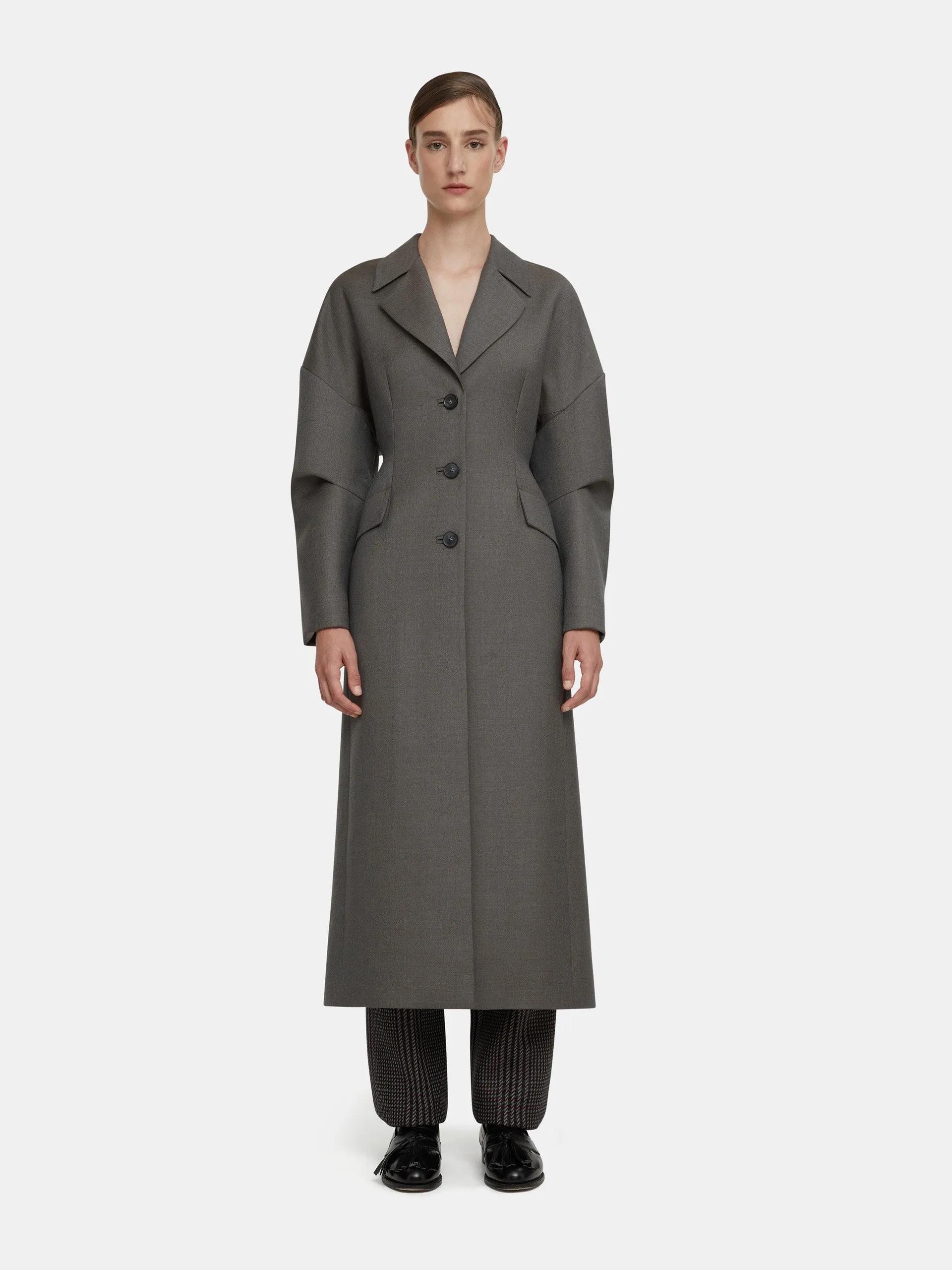 Jaya tailored coat in ash grey seersucker merino