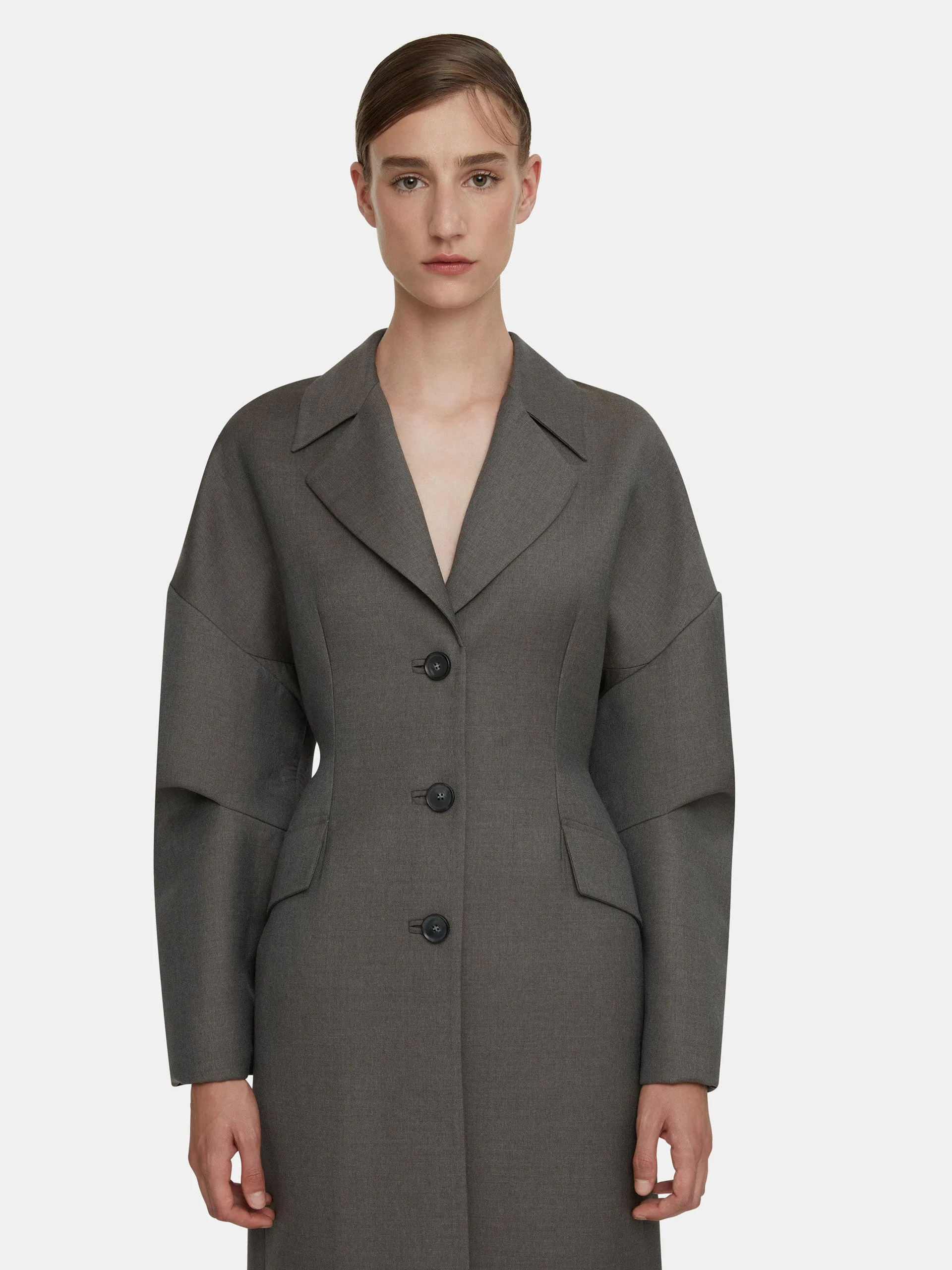 Jaya tailored coat in ash grey seersucker merino