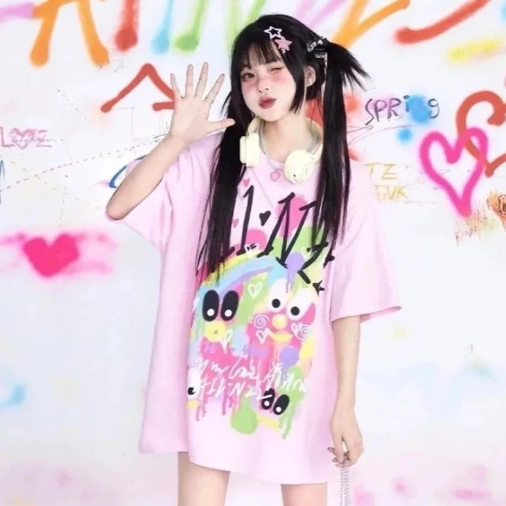 KOSAHIKI Pink Harajuku Graphic T-shirt