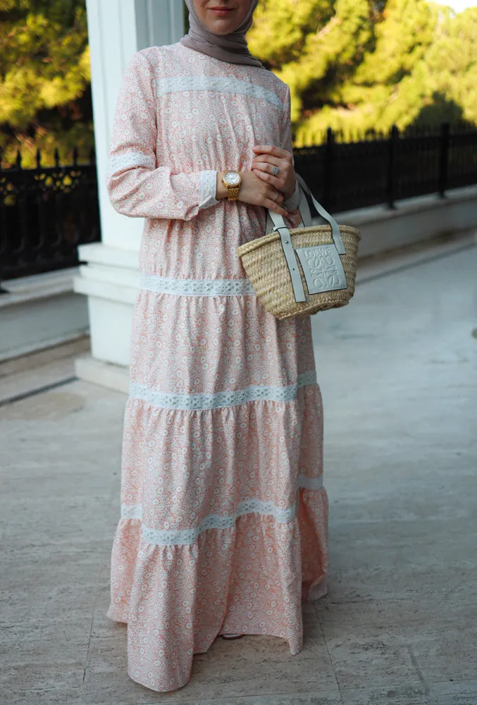 Lamar modest boho maxi style dress with lace detailing and full sleeve