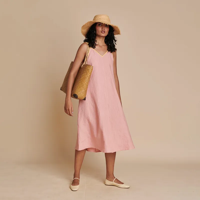 Linen Pink Midi Dress | Adjustable Strap