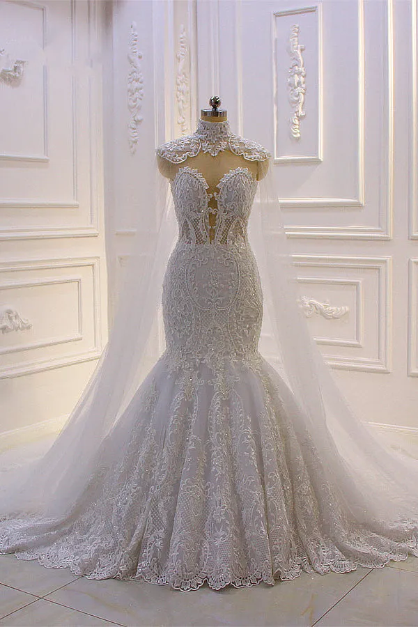 Luxurious 3D Lace Applique High Neck Tulle Mermaid Wedding Dress