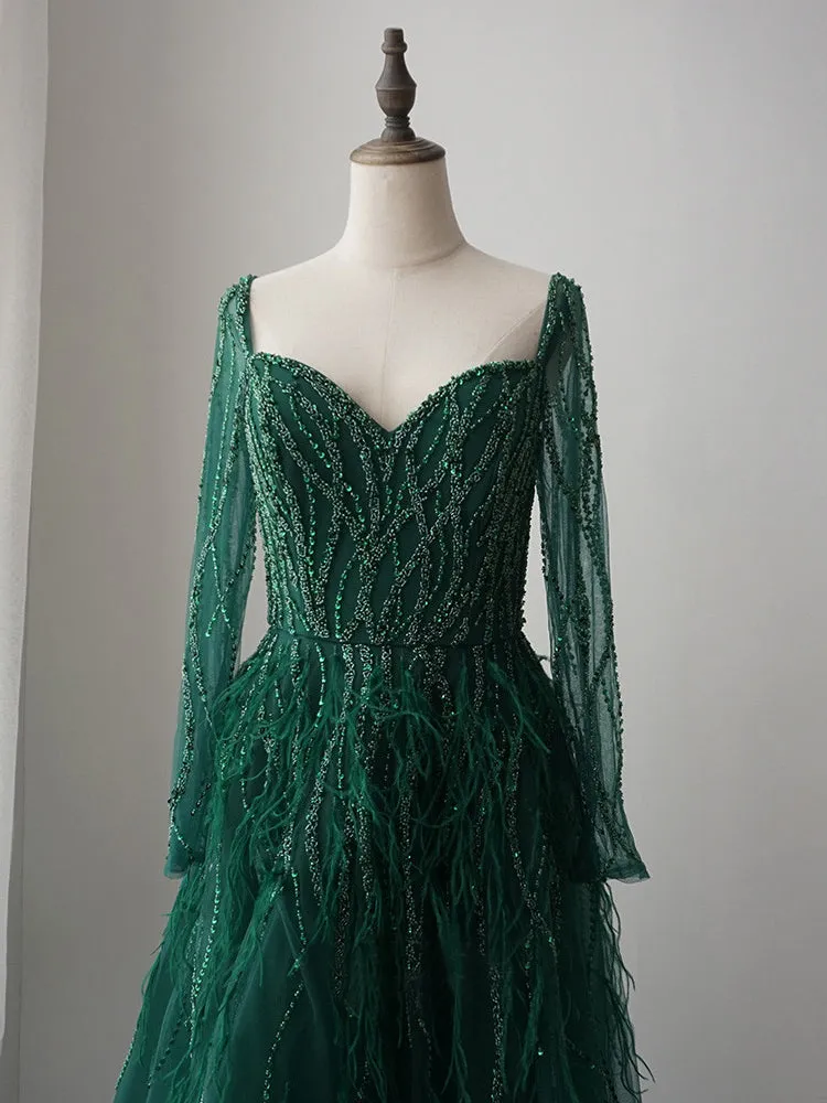 luxurious A-line Long Sleeve Green Long Prom Dress Beaded Evening Dresses GKF009