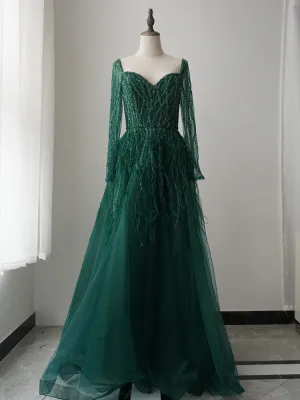 luxurious A-line Long Sleeve Green Long Prom Dress Beaded Evening Dresses GKF009