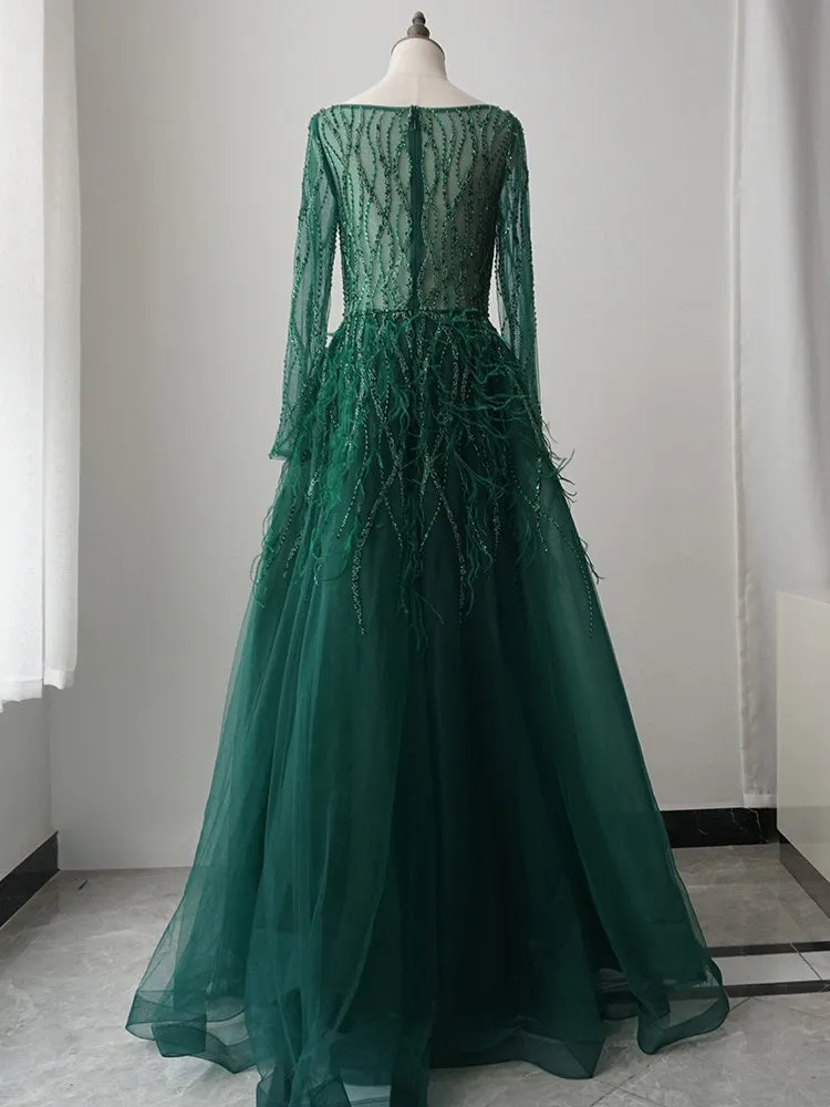 luxurious A-line Long Sleeve Green Long Prom Dress Beaded Evening Dresses GKF009