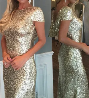 Luxurious Gold Sequins Cap Sleeves Long With Train Sexy Woman Bling Prom Dresses