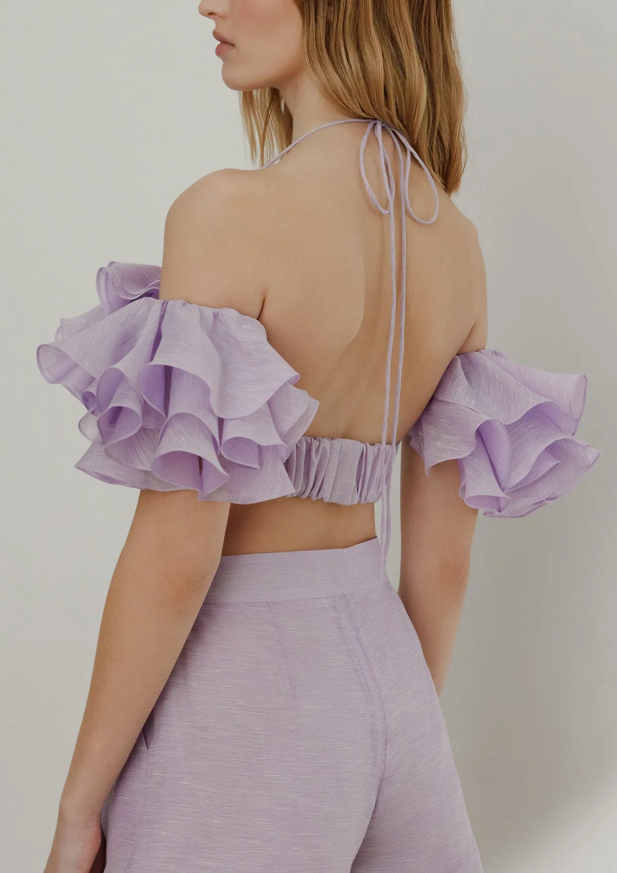 Magnolia Ruffled Sleeve Linen-Silk Crop Top