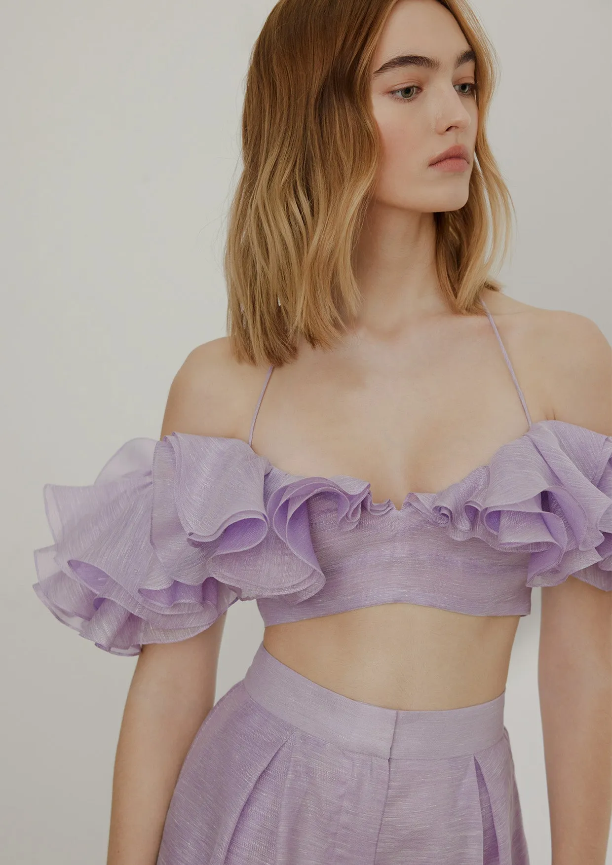 Magnolia Ruffled Sleeve Linen-Silk Crop Top