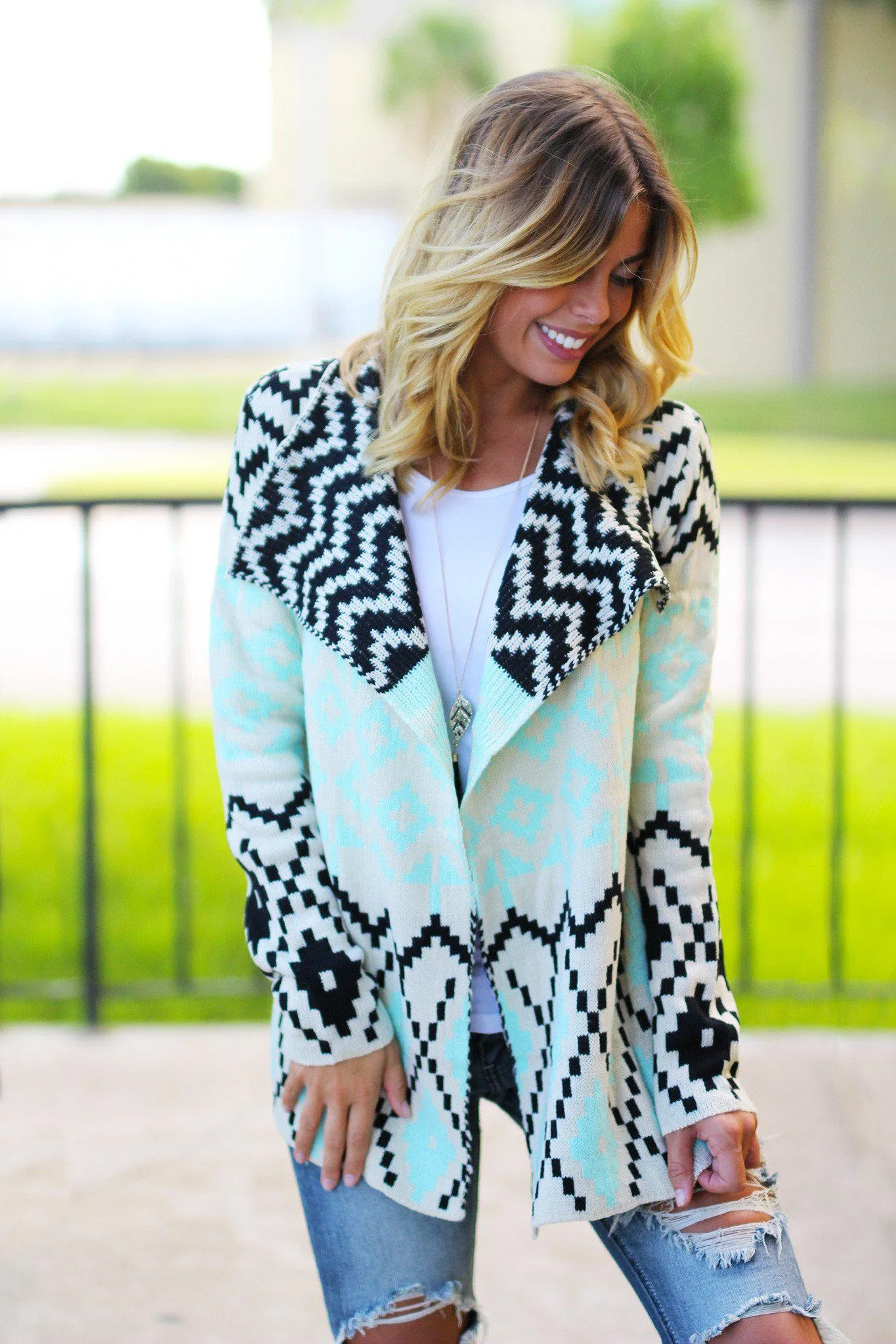 Mint And Black Printed Cardigan