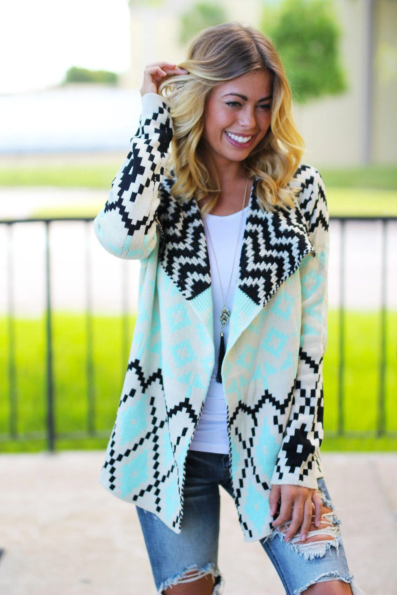 Mint And Black Printed Cardigan