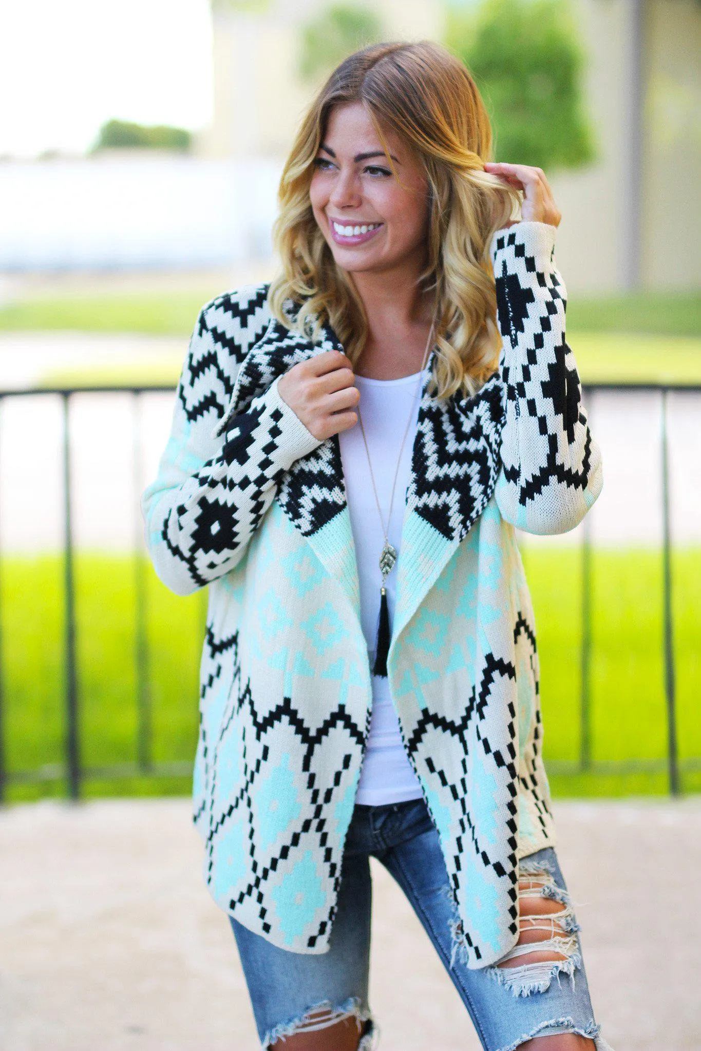 Mint And Black Printed Cardigan