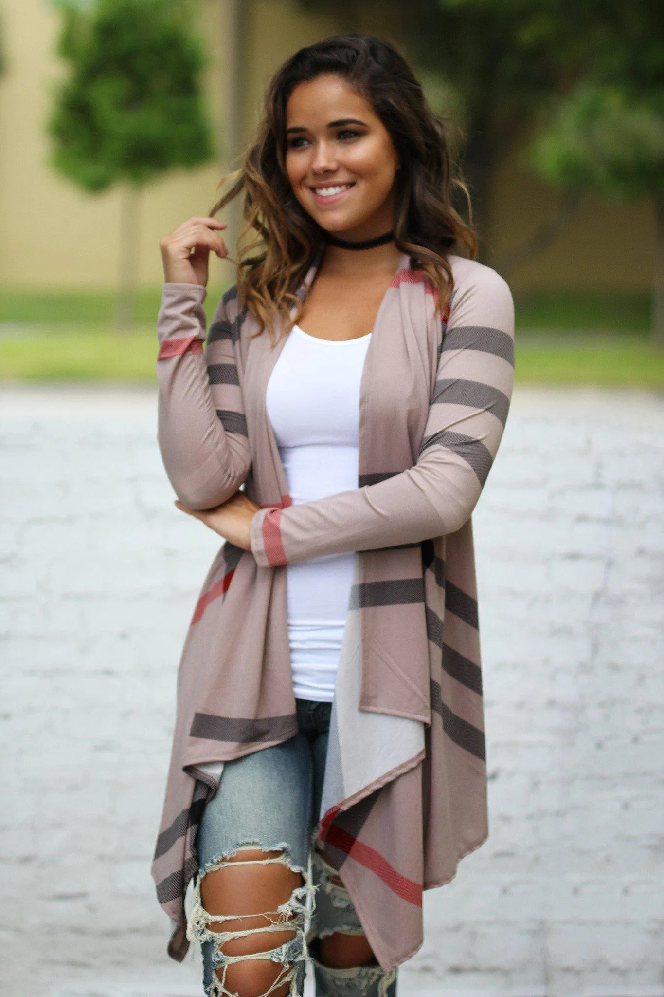 Mocha Check Print Cardigan